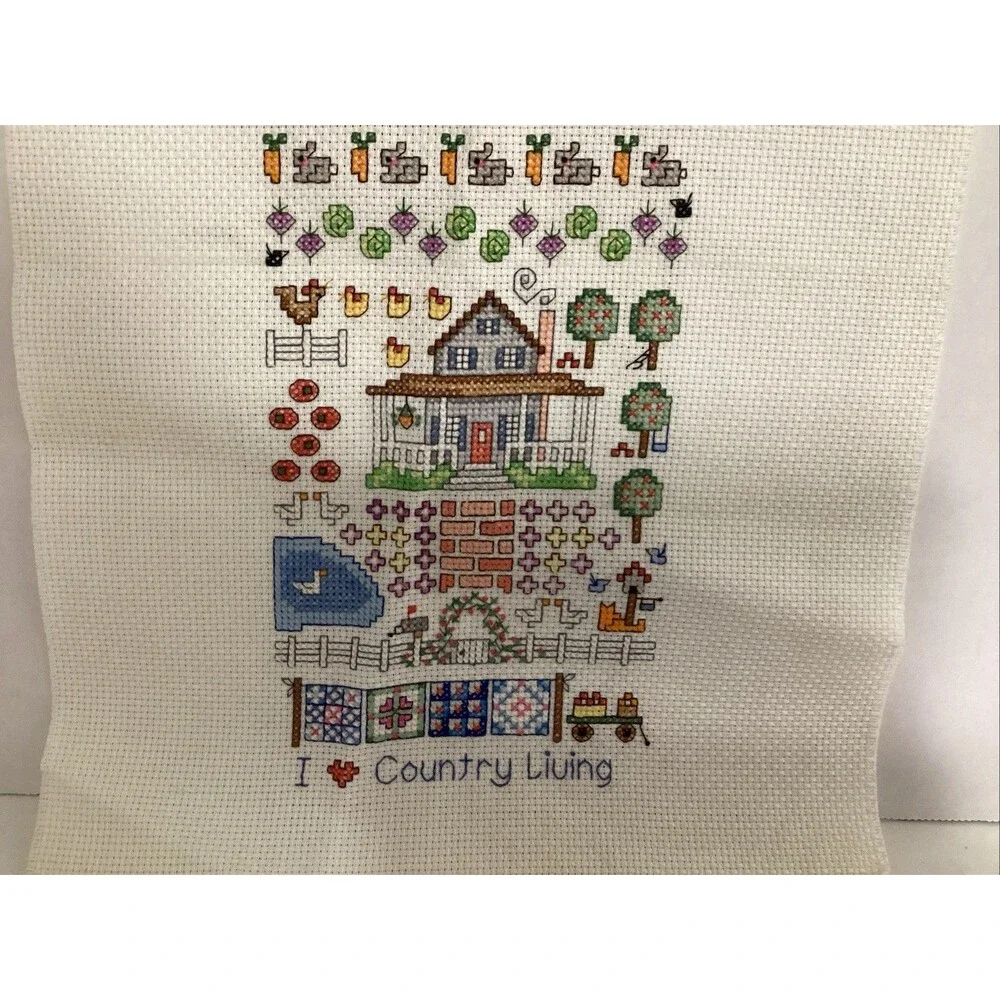 country living cross stitch homestead and barn animals scarecrow 17.5”x11-3/4”